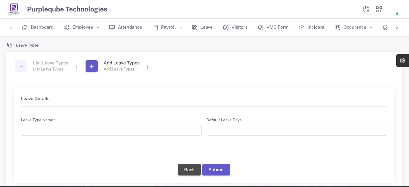 Add Leave Types form with Leave Type Name and Default Leave Days input fields